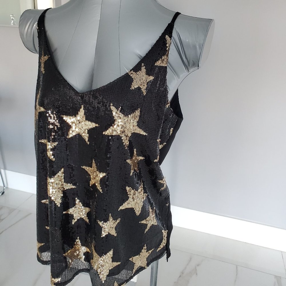 Shinestar Black & Gold Star Spaghetti Strap Sparkly Sequins V Neck Tank Large
